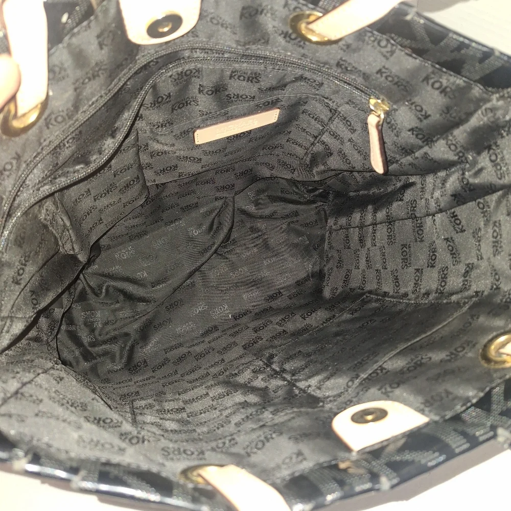 Michael Kors Large Jet Set Logo Tote Black Shoulder Patent Leather Bag Purse - Picture 11 of 17